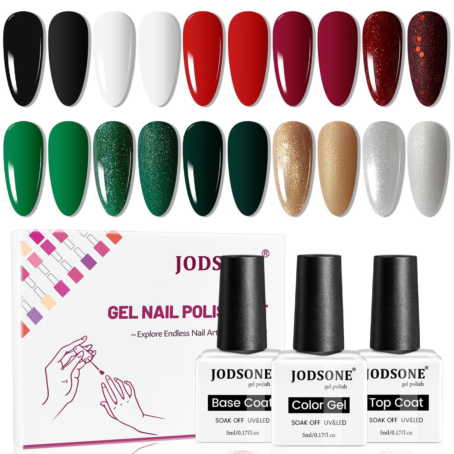JODSONE Gel Nail Polish Set,10 Colors Winter Black White Glitter Burgundy Red & Green Silver Gel Polish DIY Salon for Girls Home