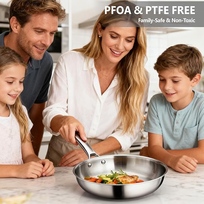 Bonnlo 5 Pieces Cookware Set, 3-Ply Stainless Steel Skillets Set with Lids, Chef's Pan Kitchen Set, Oven & Dishwasher Safe, Induction Cooking Set, PFOA & PTFE Free, Compatible for All Cooktops