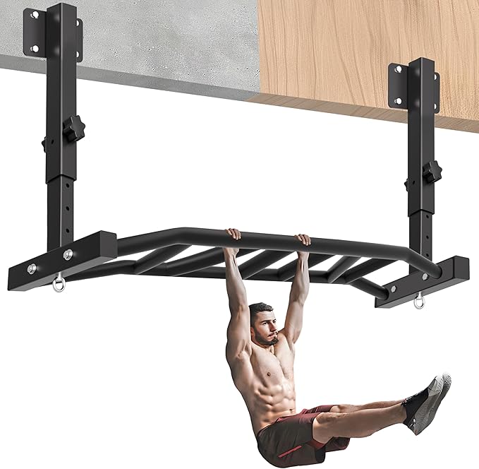 HWOOUSA 48" Joist Mounted Pull Up Bar, 600LBS Heavy Duty Multi Grip Ceiling Mount Chin Up Bar, Ceiling Beam for Home Gym/G...