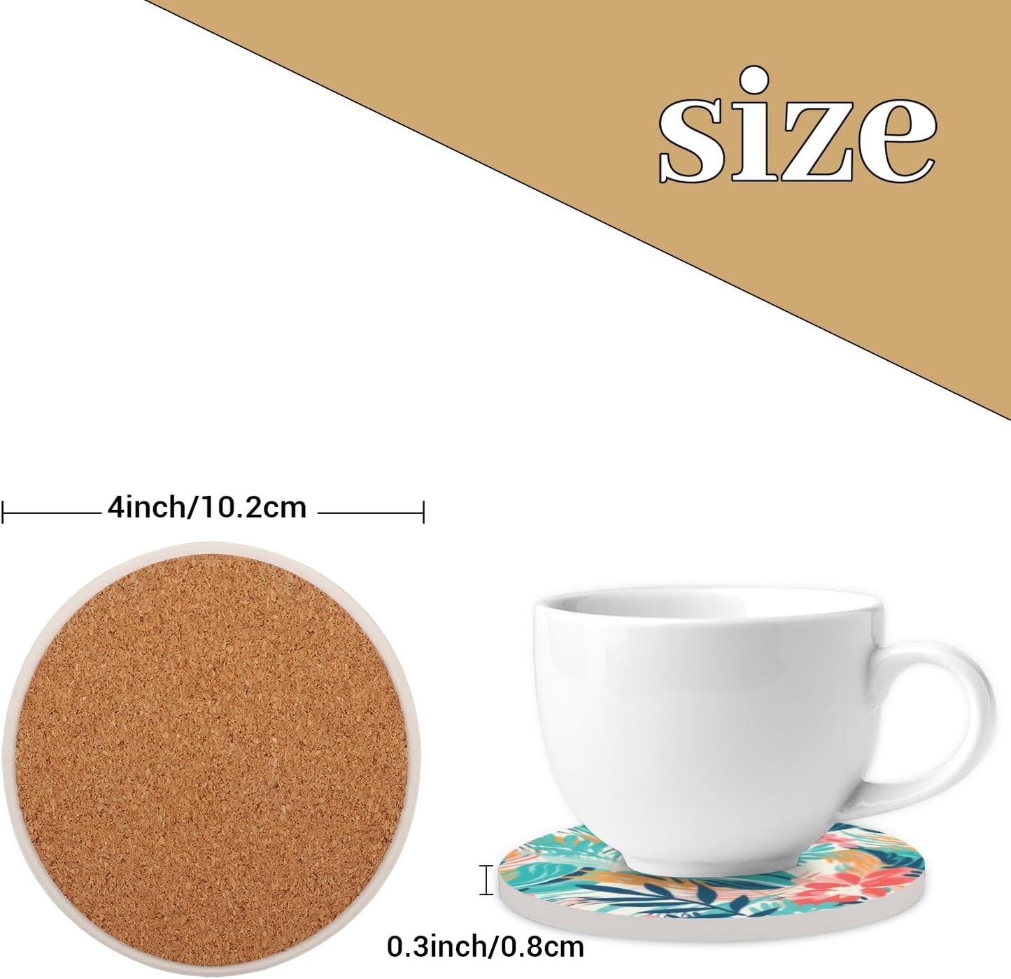Ceramic Coasters for Drinks with Cork Back, Colorful Tropical Print 4 Inch Absorbent Coaster Set 2 Pack, Quick Dry Non-Slip Coaster Mats for Home, Office, Bar