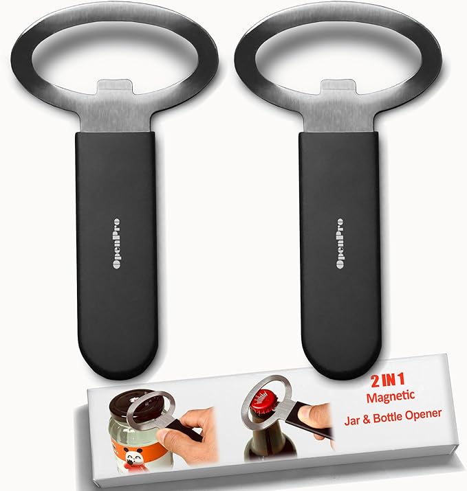 Magnetic 2-IN-1 Jar Opener, Bottle Opener, For Releasing Vacuum Seal, Heavy Duty Stainless Steel, Strong Magnet For Fridge, Great for Kids and Arthritis, 2-PCs, Black
