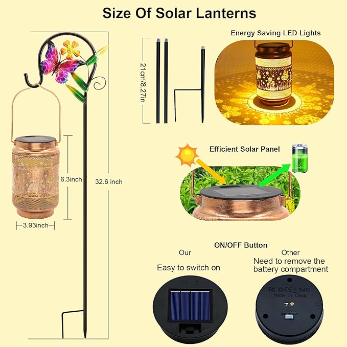 2 Pack Butterfly Solar Lanterns Outdoor Waterproof Solar Garden Decor, Birthday Gifts for Christmas Women Mom Grandma, Metal Hanging Lights with Shepherd Hook for Outside Yard Patio Pathway Porch