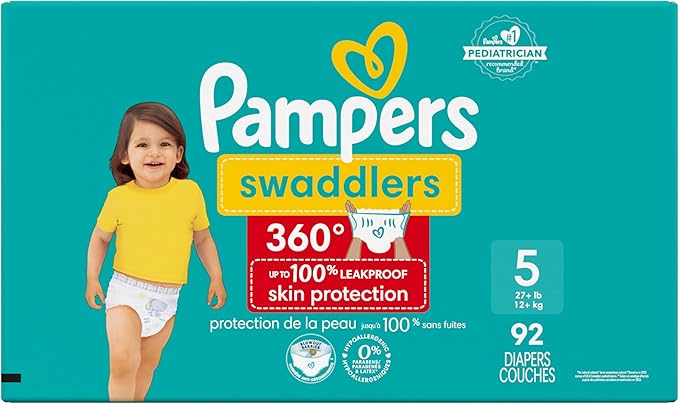 Pampers Diapers - Swaddlers 360° - Size 5, 92 Count, up to 100% Leakproof Comfy Dry Fit, Designed for Easy Changes, Pull On Baby Diaper (Packaging May Vary)