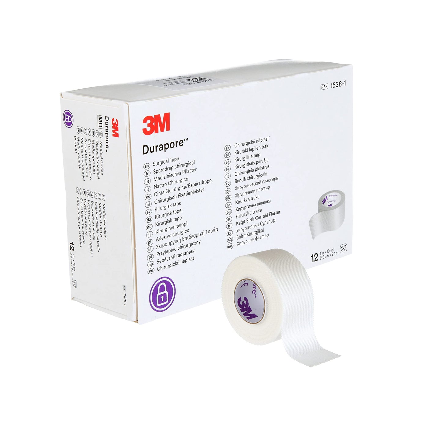 3M Durapore Medical Tape, Non-Sterile, Silk-Like Cloth, White, 1 in x 10 yds, 12 Rolls, 1 Pack