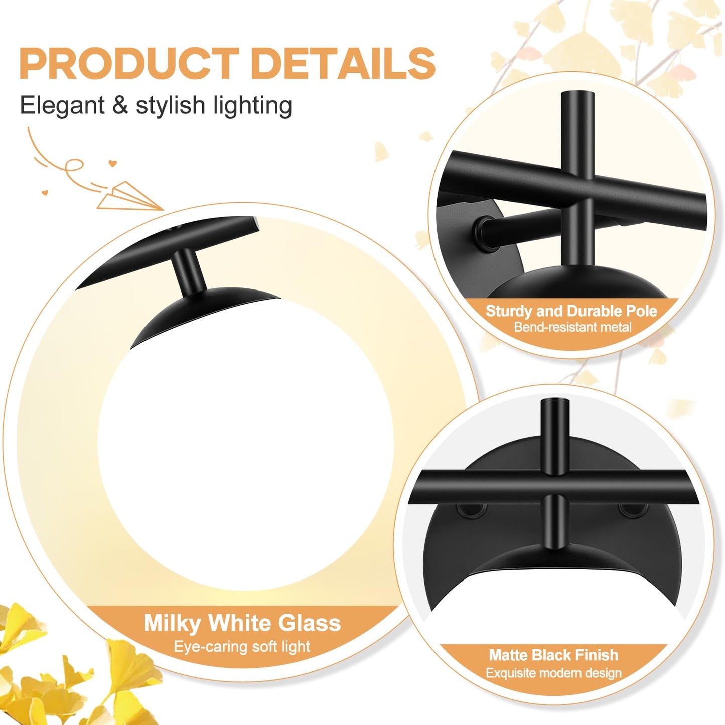 3-Light Bathroom Light Fixtures  Matte Black Vanity Lights For Bathroom With Milky White Glass Ball Shade  18.9 Inch Bathroom Lighting Fixtures Over Mirror  Wall Sconce For Bedroom (Bulb Not Included)