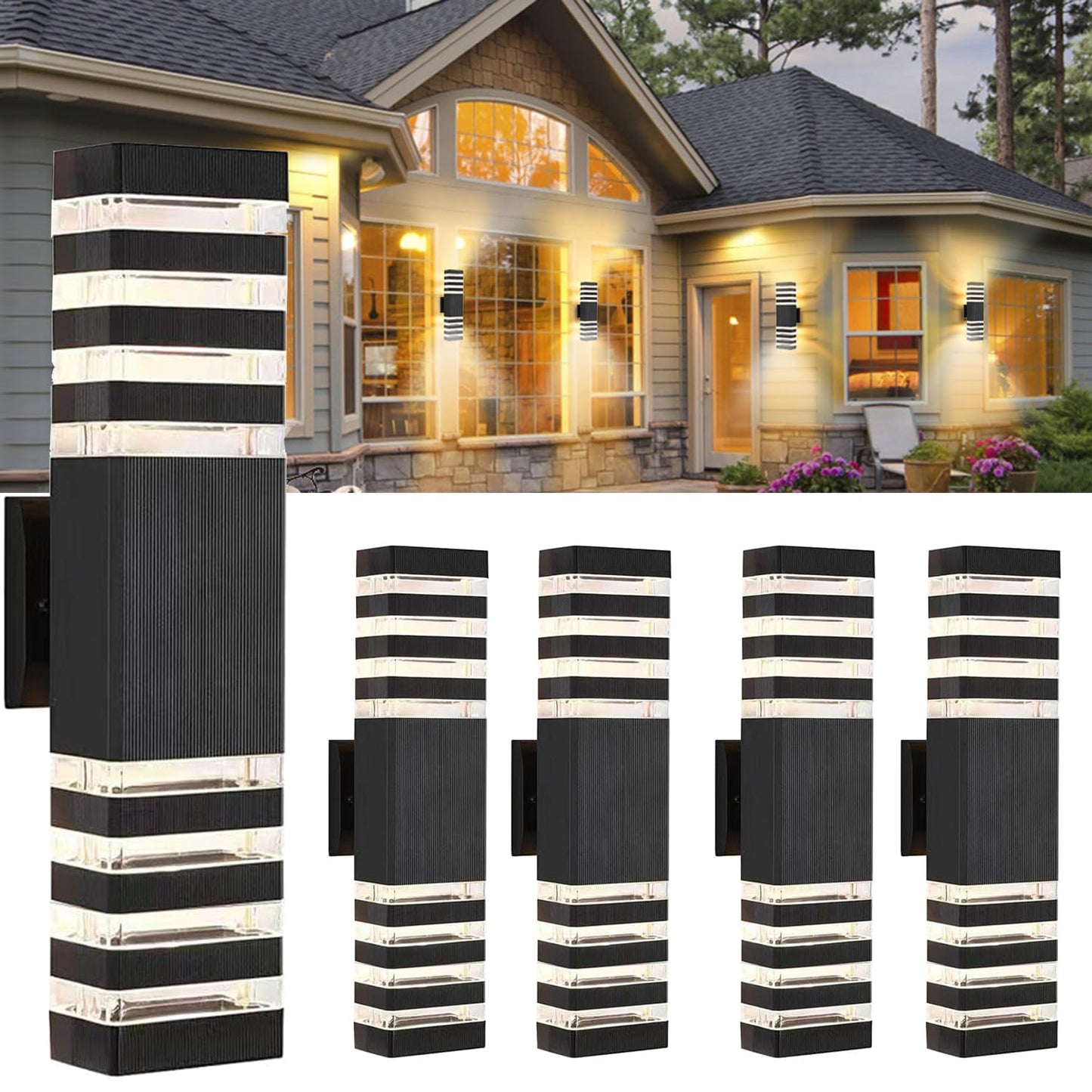 Tiyahomey LED Square Up & Down Wall Lights, 24W, 4000K Day White, Aluminum, Waterproof IP65, 4 Pack