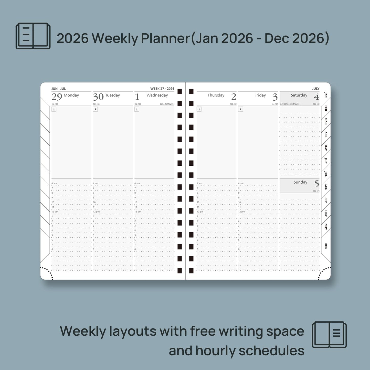 POPRUN 2026 Planner (Medium Size 8.5'' x 6.25'' Wire-Bound Hard Cover) Daily Weekly and Monthly Calendar - Agenda 2026 (Jan.2026-Dec.2026) with Hourly Schedule, Monthly Tabs - Orange