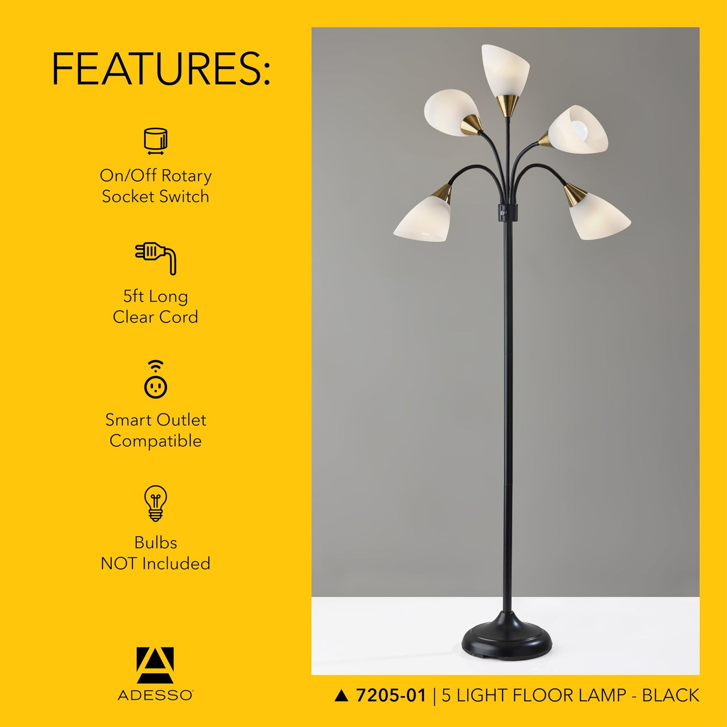 Adesso Floor Lamp With 5 Movable Shades, Adjustable Brightness, Black, Model 7205-22, Ideal For Bedroom Decor & Art Studios
