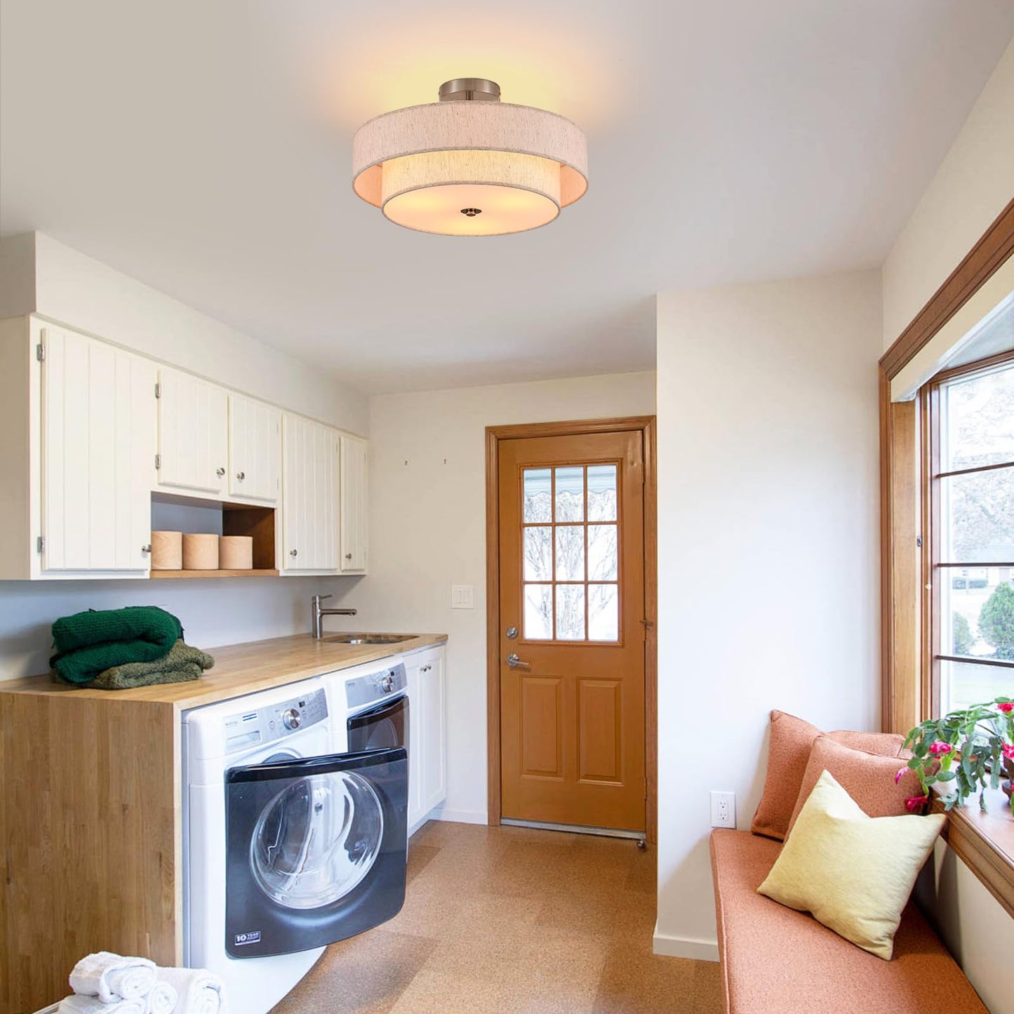 Widluth 18 Semi Flush Mount Ceiling Light 3-Light Modern Linen Drum Ceiling Lighting With Chrome Finish  Vintage Ceiling Light For Living Room  Kitchen  Basement  Laundry Room  Bedroom