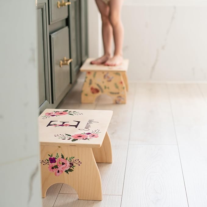 Step Stool for Toddlers- Personalized Wood Kids Step Stool with Name for Kitchen Sink, Bathroom, Potty Training, Toilet, Kitchen Sink- Sturdy and Safe- Made in USA by BloomOwl (Woodland- Deer)