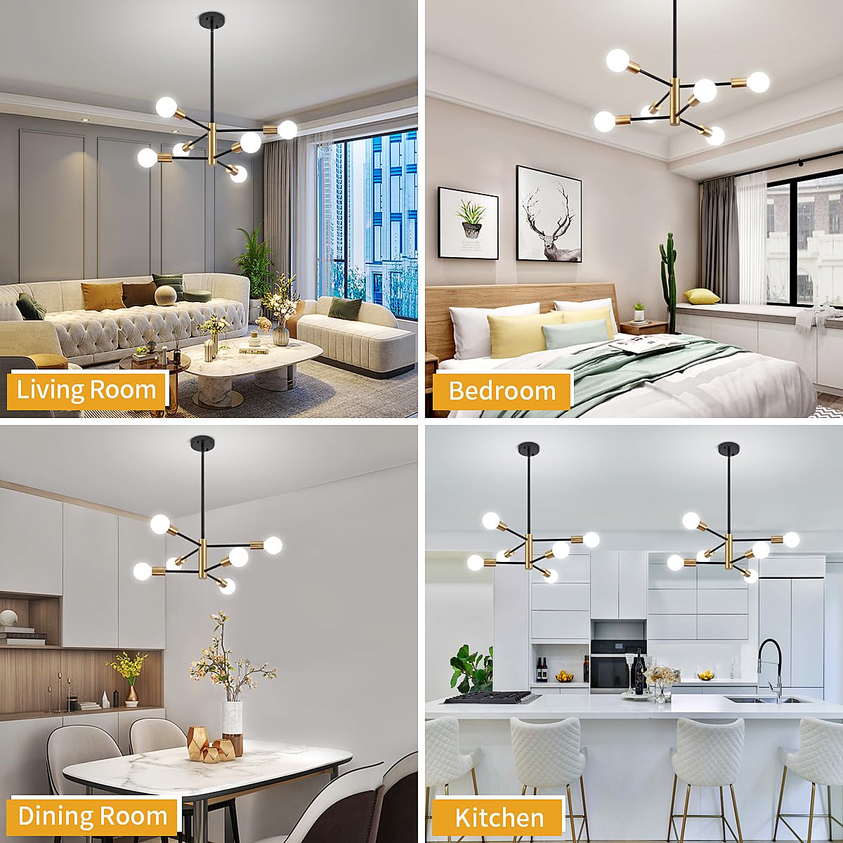 ZSMIHDOH Modern Chandelier, 6-Light Black & Gold Sputnik Light Fixture, Metal, Model Huazhi-68T for Dining Room, Living Room, Kitchen