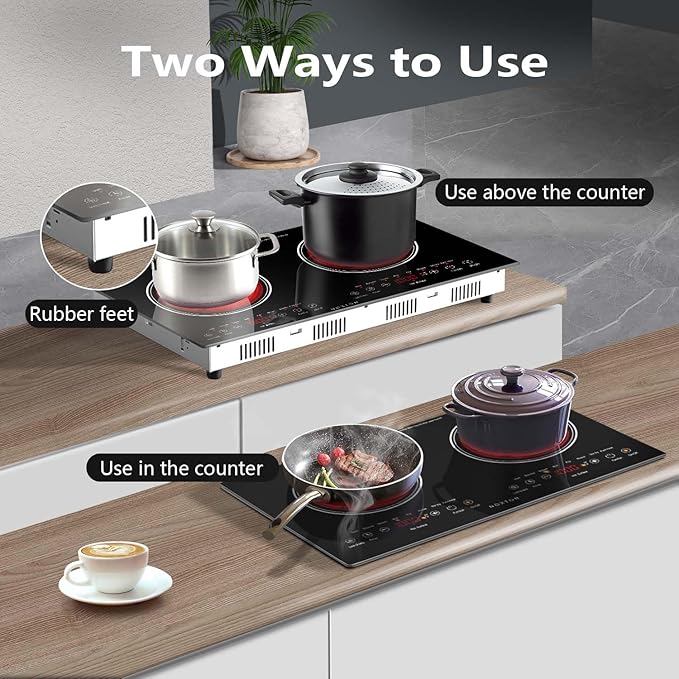 Noxton 2 Burners Electric Cooktop, 24" Built-in & Countertop Stove, Two Burner Ceramic Cooktop with Child Safety Lock, Timer, Touch Sensor Control, Portable 110V Plug-in Cooktop