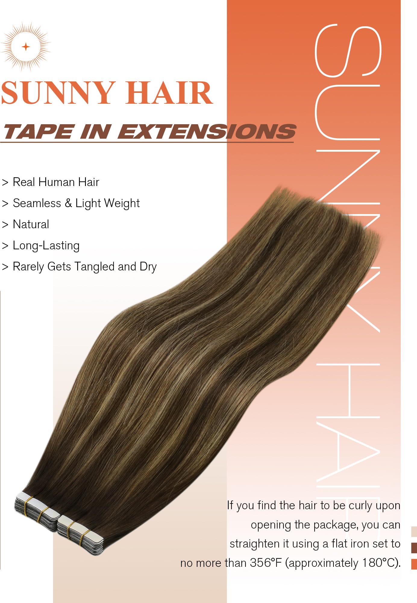 Sunny Hair Tape in Hair Extensions Real Human Hair Invisible Remy Hair Extensions Tape ins for Women Dark Brown Root to Caramel