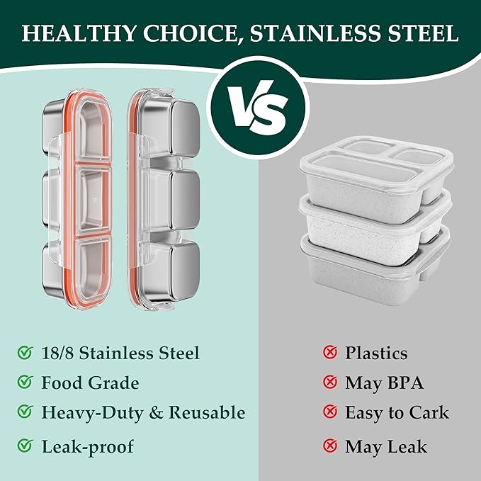 QCQHDU Bento Lunch Box Stainless Steel Snack Containers, Reusable Stainless Steel 3-Compartment Condiment Metal Bento Lunch Box with Lids, Divided Snack Food Storage Lunchable Containers, 1 Pack