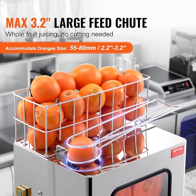 VEVOR Commercial Orange Juicer Machine, 120W Automatic Juice Extractor, Stainless Steel Orange Squeezer 20 Oranges/Minute, with Pull-Out Filter Box, Stainless Steel Cover, 2 Peel Collecting Buckets