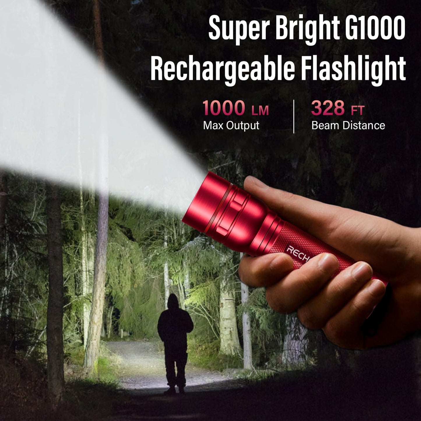 RECHOO G1000 Rechargeable Flashlights 2 Pack, Small LED Torch, 3 Lighting Modes, Aluminum, Red