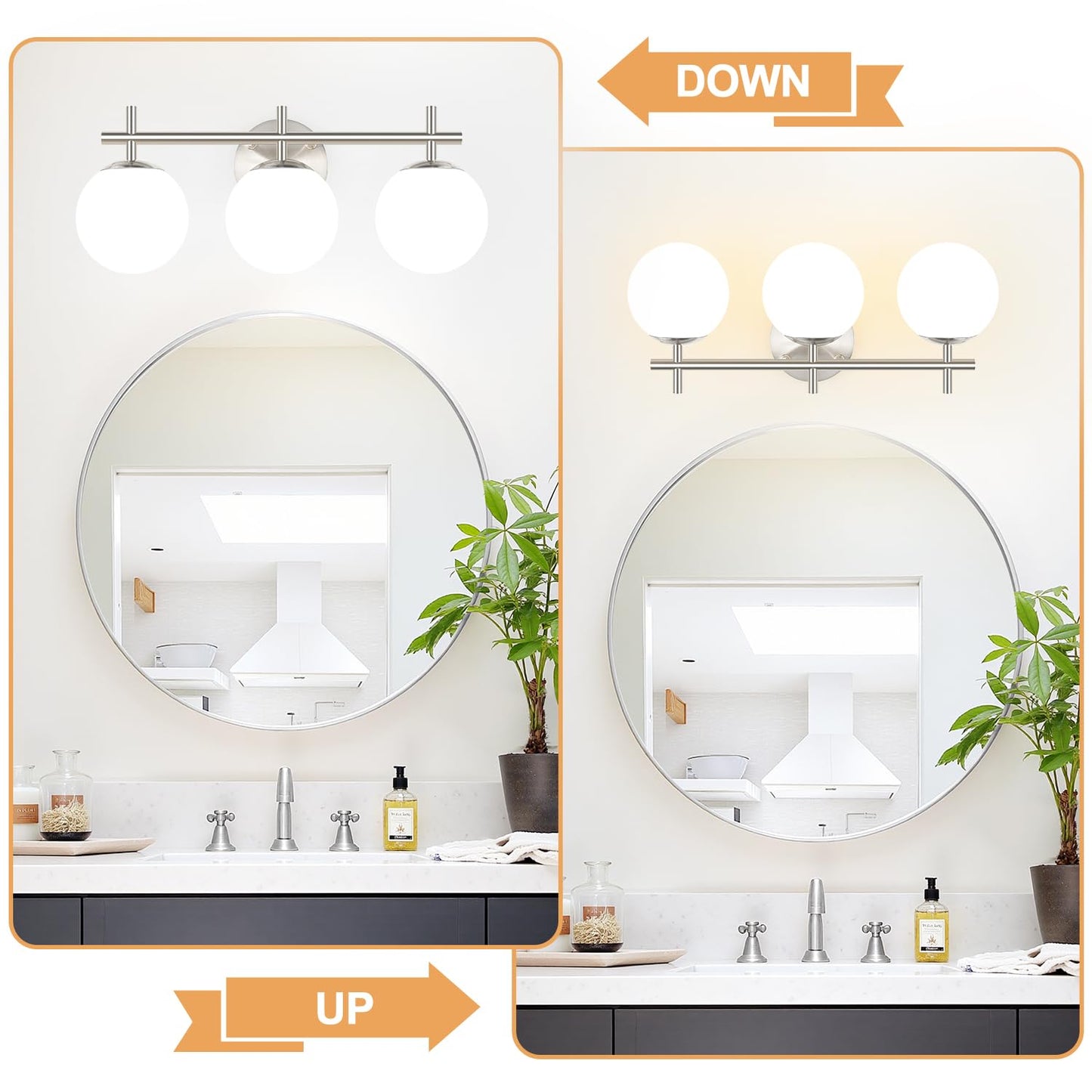 3-Light Bathroom Light Fixtures  Brushed Nickel Vanity Lights For Bathroom With Milky White Ball Shades  18.9 Inch Bathroom Lighting Fixtures Over Mirror  Wall Sconce For Bedroom (Bulb Not Included)