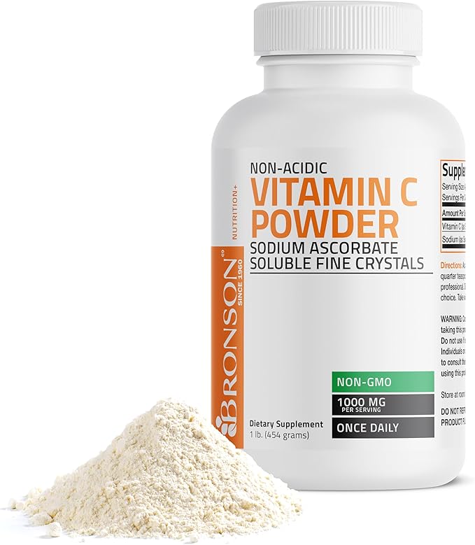 Non Acidic Vitamin C Powder Sodium Ascorbate Non GMO Soluble Fine Crystals - Healthy Immune System, Antioxidant and Cell Protection - 1 Pound (16 Oz, 454 Grams)