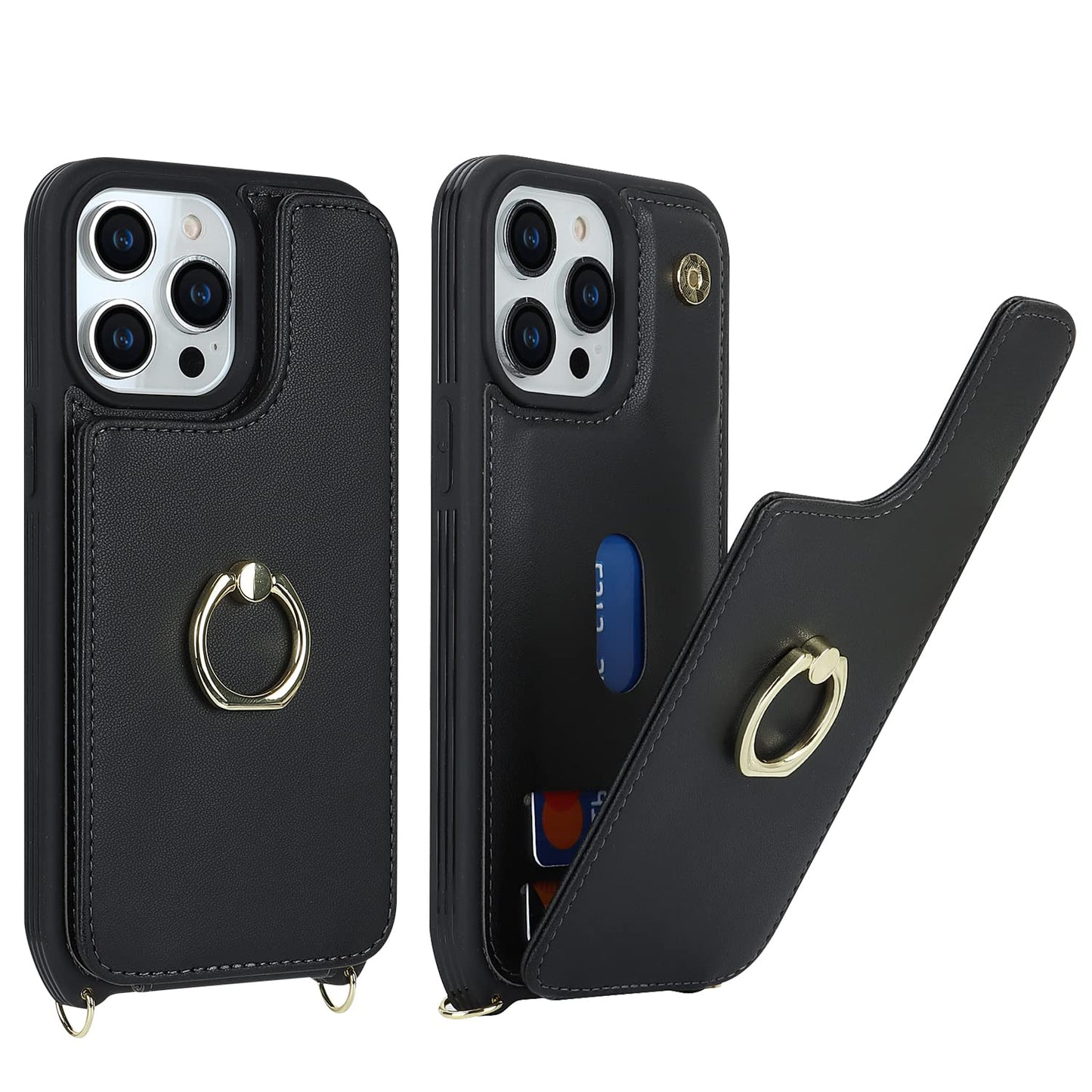 Lipvina For Iphone 12/12 Pro Case With Card Holder And Strap For Women,Crossbody Lanyard,Kickstand Ring Stand,Snap Clasp,Phone W
