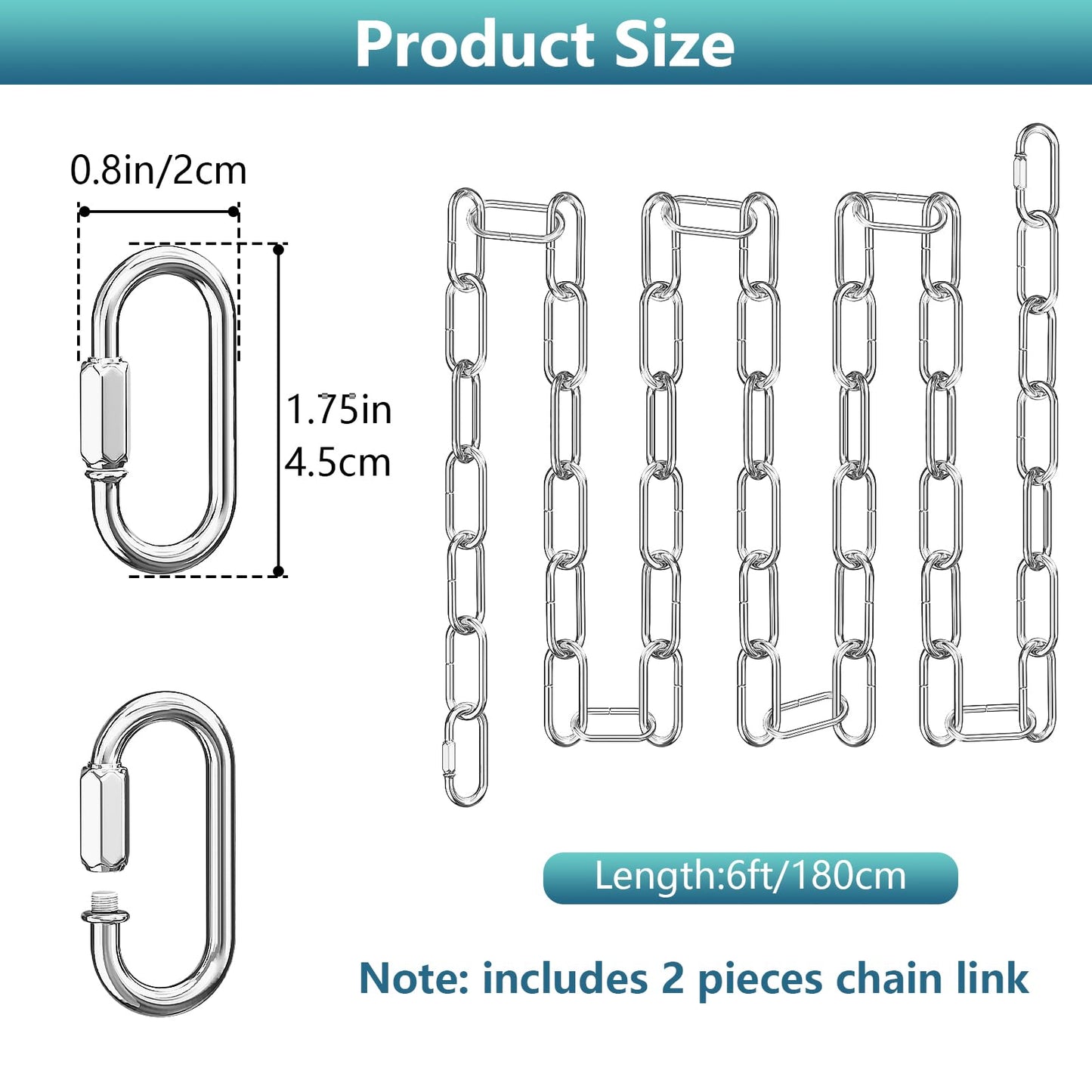 Garini 6 Feet Adjustable Silver Metal Pendant Chandelier Chain, Detachable Links, Iron, Model D6-HNIB-ULHC