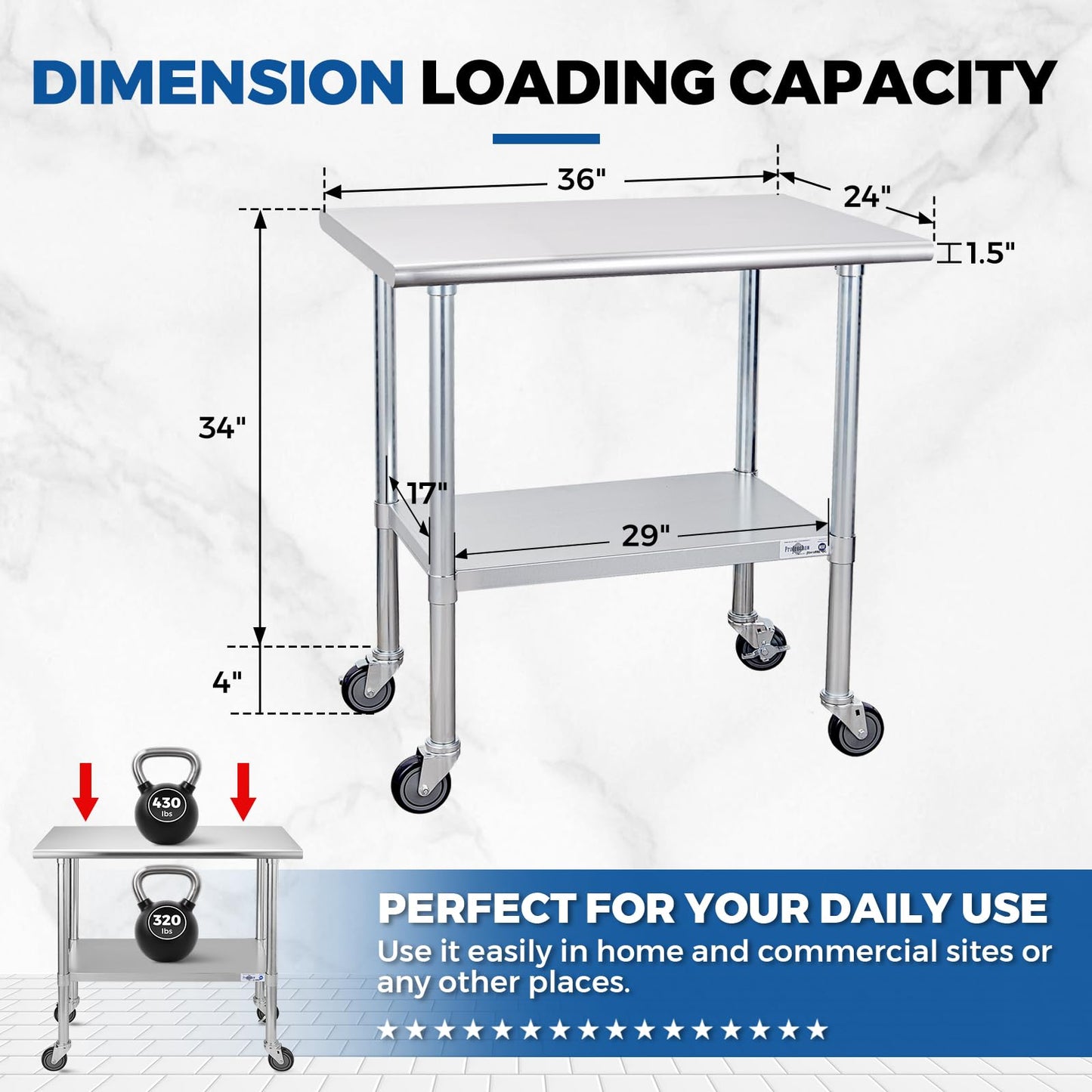 Profeeshaw Stainless Steel Table with Wheels, 24x36 Inch - NSF Commercial Kitchen Prep & Work Table with Undershelf and Galvanized Legs for Restaurant, Bar, Utility Room and Garage - Heavy Duty