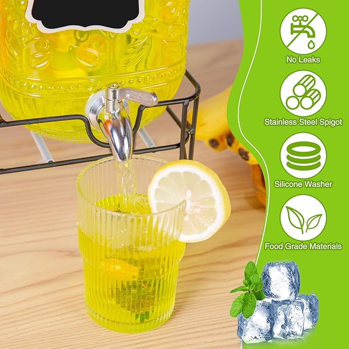 2-Pack1Gallon Glass Drink Dispensers for Parties,Beverage Dispenser with Stainless Steel Leakproof Spigot/Stand/Bamboo Lids/Fruit Infuser/Chalkboard Labels.for Lemonade & Iced Tea,Party Drinks