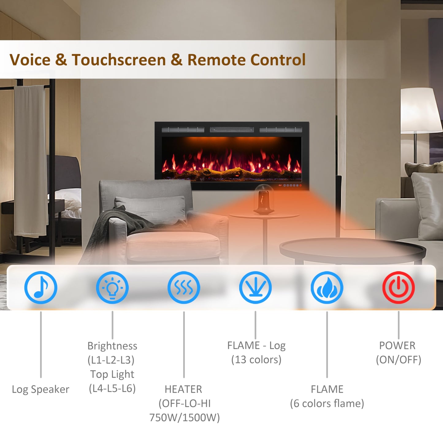 Mystflame 72 Inch Wifi-Enabled Electric Fireplace Inserts & Wall Mounted, Slim Electric Fireplace Heater, 750/1500W, Adjustable