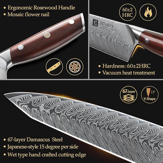 XINZUO Damascus Steel Chef Knife,8.3 Inch Kiritsuke Kitchen Knife Professional High Carbon Steel Forged Gyuto Cooking Knife-Ergonomic Rosewood Handle- Ash Wood Magnetic Knife Sheath-Yi Series
