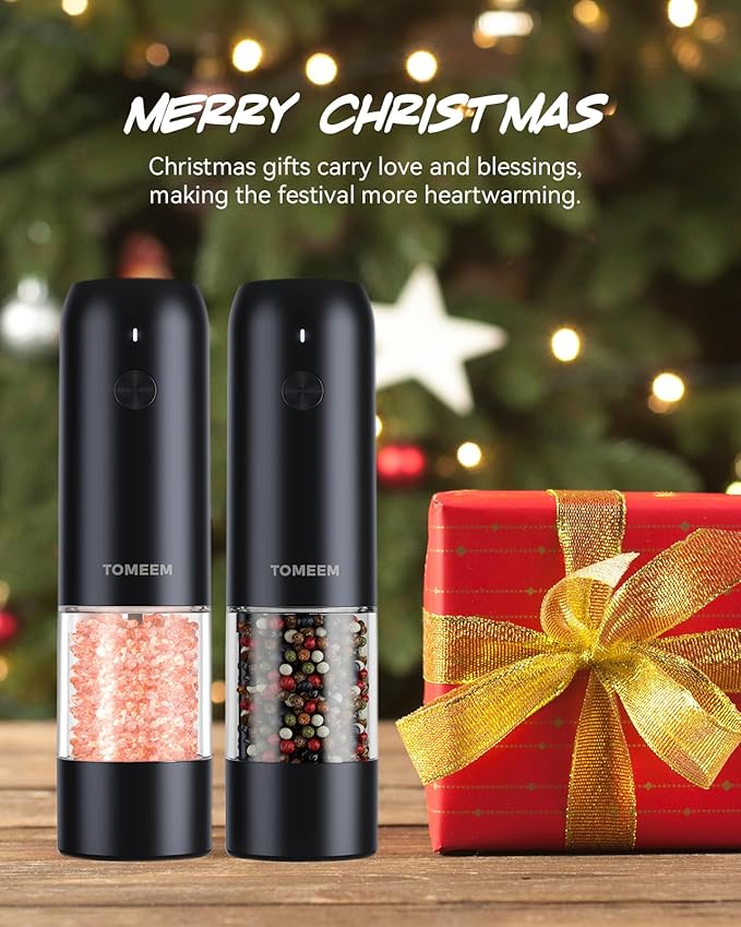 TOMEEM Electric Salt and Pepper Grinder Set with LED Lights – Rechargeable Automatic Pepper and Salt Mill with 6 Adjustable Coarseness for Kitchen, BBQ & Gifts