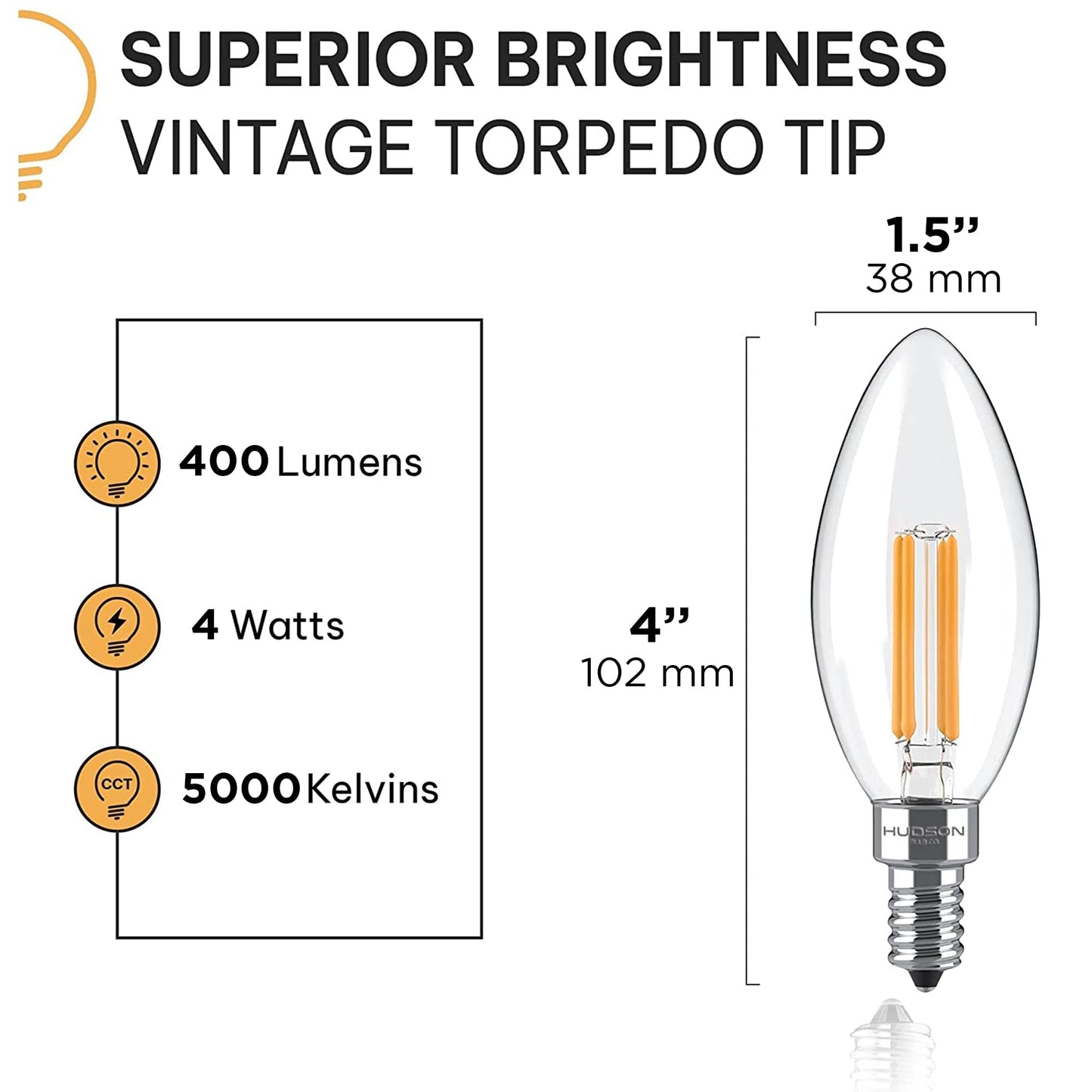 HUDSON BULB CO. Dimmable E12 LED Candelabra Bulb Set 4W 5000K Daylight White Pack of 12