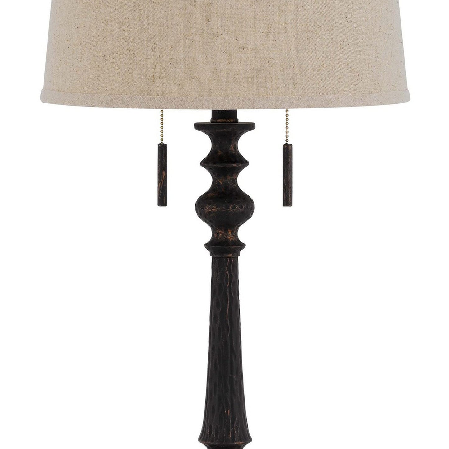 Benzara Table Lamp with Tubular Resin Support, Pull Chain, Dark Bronze, Model BM241869, Plastic/Metal/Fabric