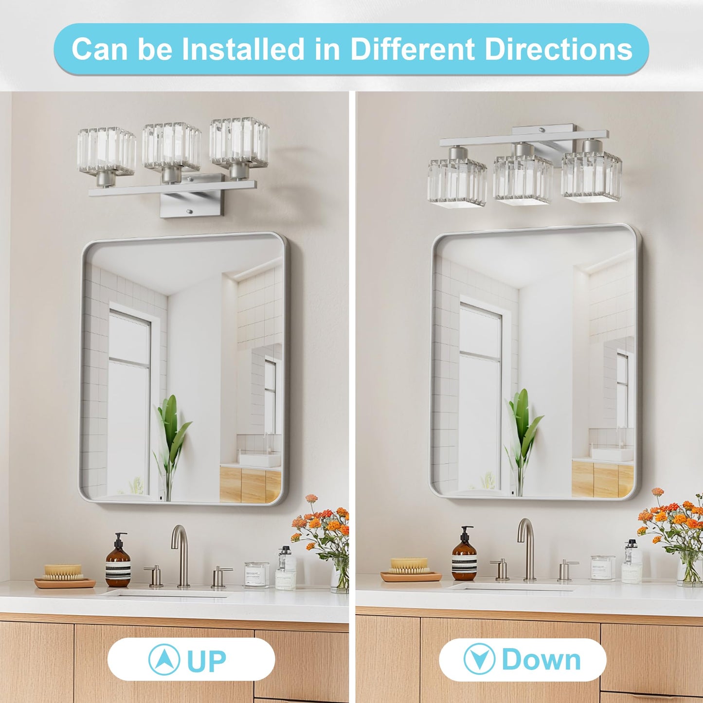 Golspark 3 Light Crystal Bathroom Vanity Light Fixtures Over Mirror  Brushed Nickel Modern Vanity Lighting Fixtures  Wall Sconce Bath Wall Light  E26 Base Square Crystal Shades (Exclude Bulb)