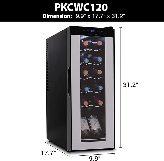 Nutrichef 12 Bottle Stainless Steel Slim Wine Fridge | Red & White Wine Chiller | Adjustable Temperature Control, Ultra Quiet Operation & Energy Efficient | Mini Wine Cooler Refrigerator 31x10x17 IN