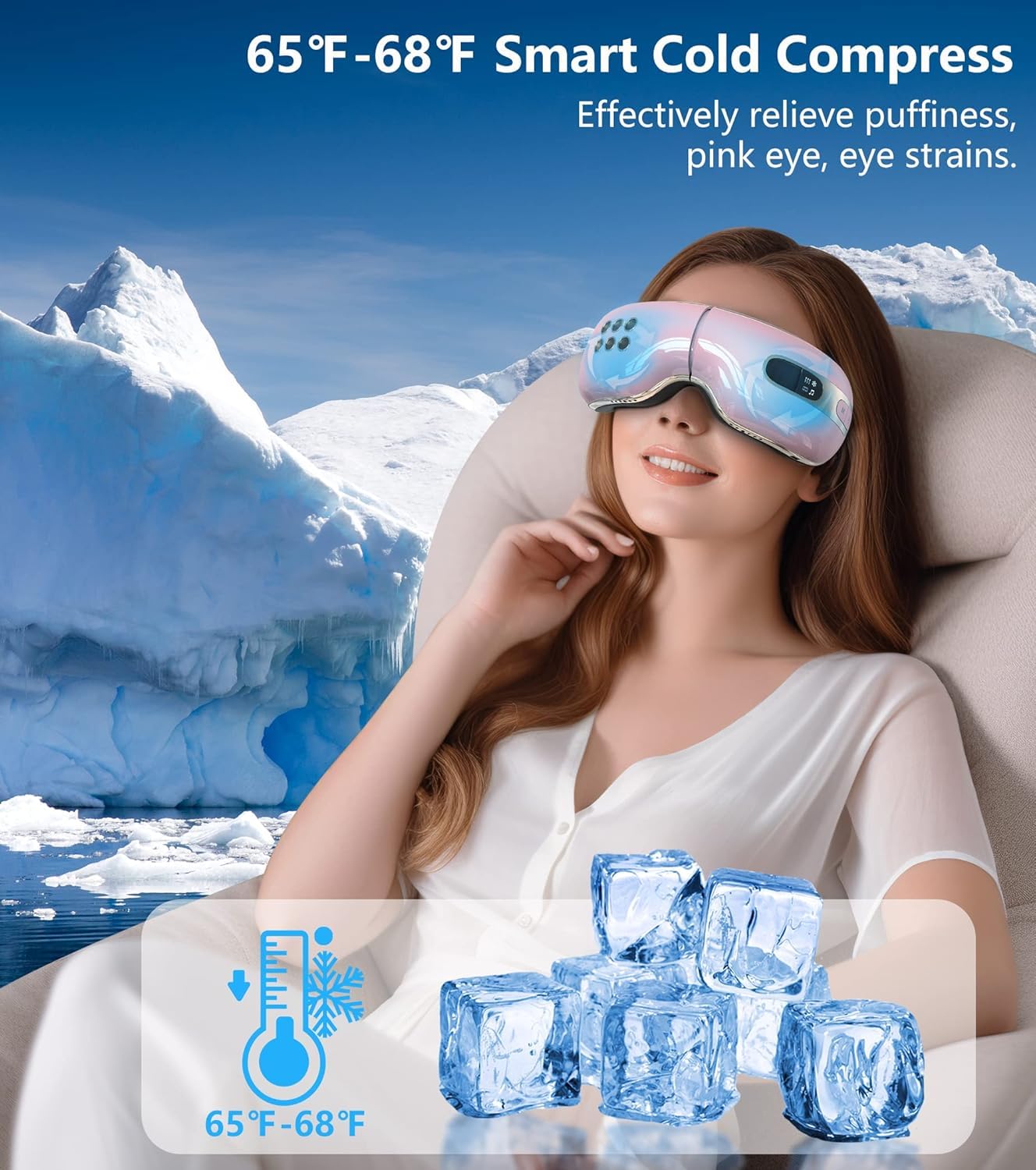 fmlave Eye Massager with Heat and Coolling for Migraines, Dry Eyes, Eye Strains, Eye Massager Mask Heat Cold Tech Bluetooth Music for Sleeping Birthday Gifts for Women Men