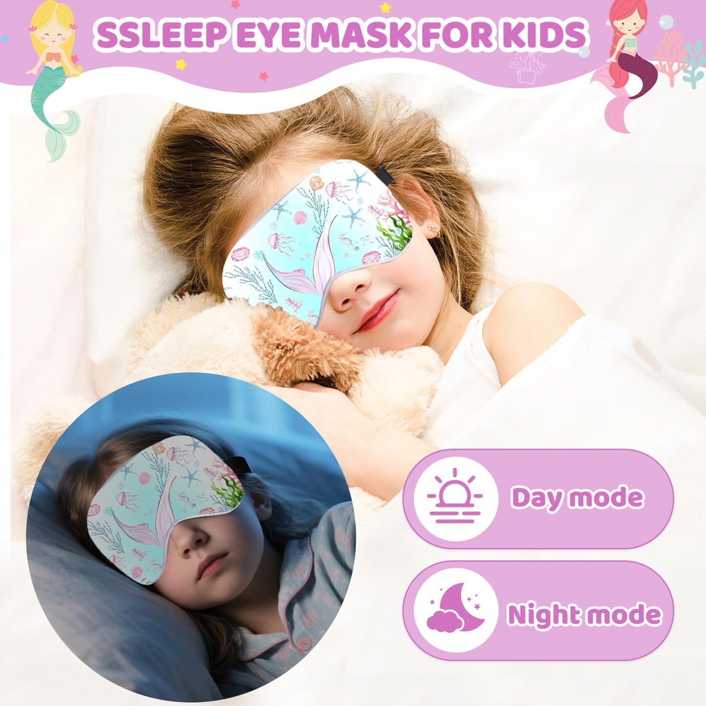 2 Pcs Sleep Mask for Kids Girls, Silk Eye Covers for Sleeping, Adjustable Strap & Light Blocking Design, Children's Bedtime Blindfold for Travel and Home Use (Mermaid)