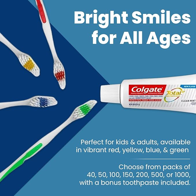 150 Toothbrushes Bulk Wholesale Quantity Standard Size, Dental Care Toiletries, Medium Soft Bristles, Individually Wrapped, Homeless Care, Disposable Use, Hotels, Travel