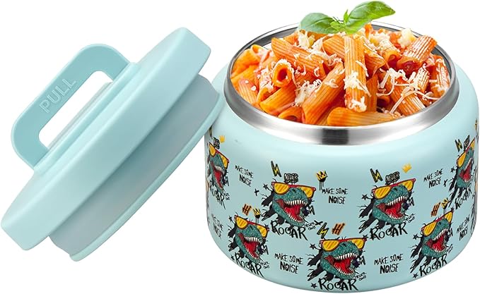 PIQUEBAR 8oz Kids Thermo for Hot Food,Small Lunch Thermos Food Container Stainless Steel,Easy Open Wide Mouth Thermo for Hot Cold Food for Preschool Travel (Blue Dinosaur)