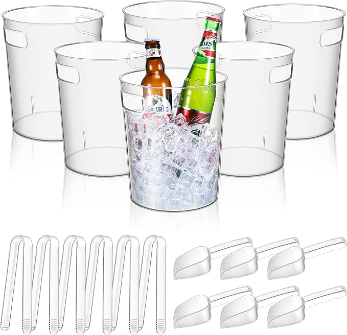 Rtteri 6 Set Plastic Ice Buckets for Parties with Handle, Scoop, Serving Tongs, Large Clear Ice Bucket Round Chiller Bever...