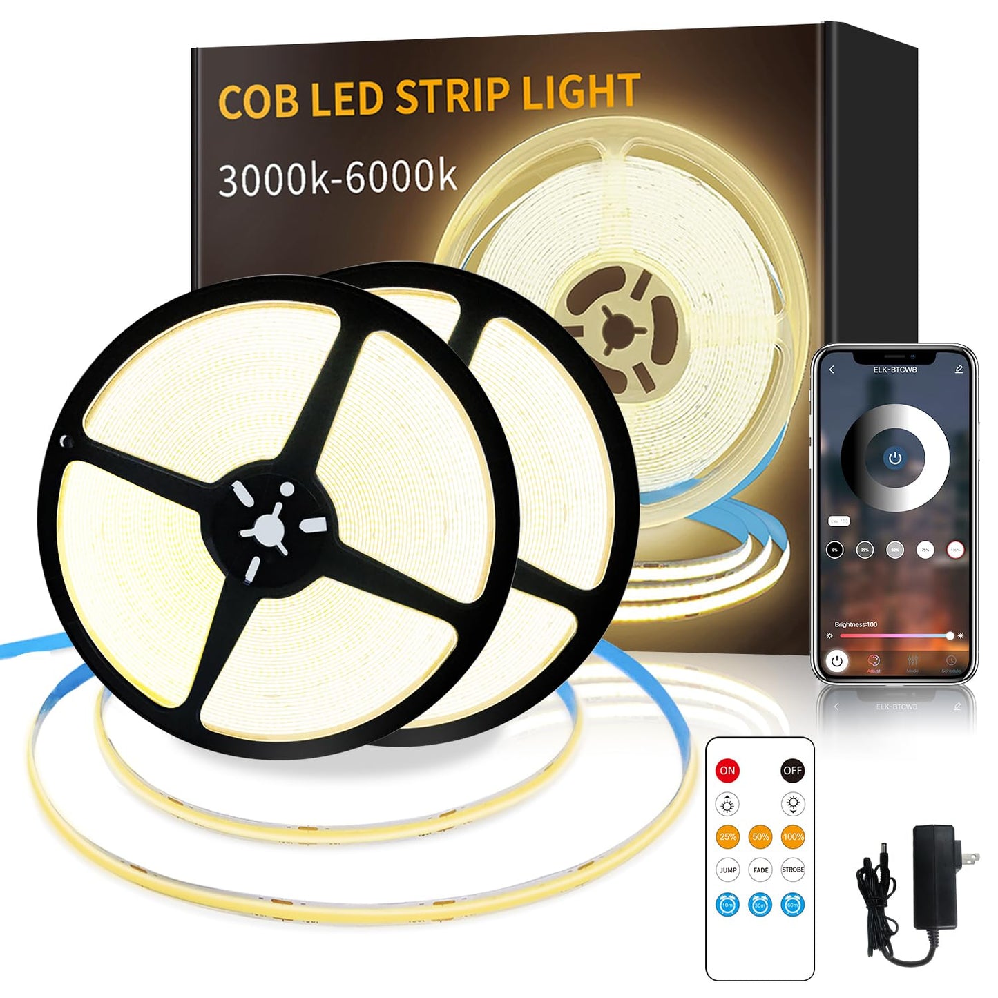 Yeewhale COB LED Strip Lights, 100ft, 3000K Warm White, Dimmable, Flexible, DC 24V, with Remote and App Control, Model Yeewhale-
