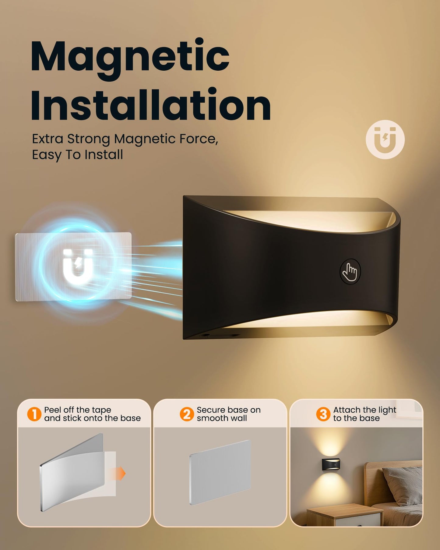 Brightown Magnetic Wall Sconces Set Of Two  Rechargeable Battery Powered Wall Sconce With Remote Control  3 Colors Wireless Up And Down Wall Mount Light For Hallway Bedroom Bedside Living Room (Black)