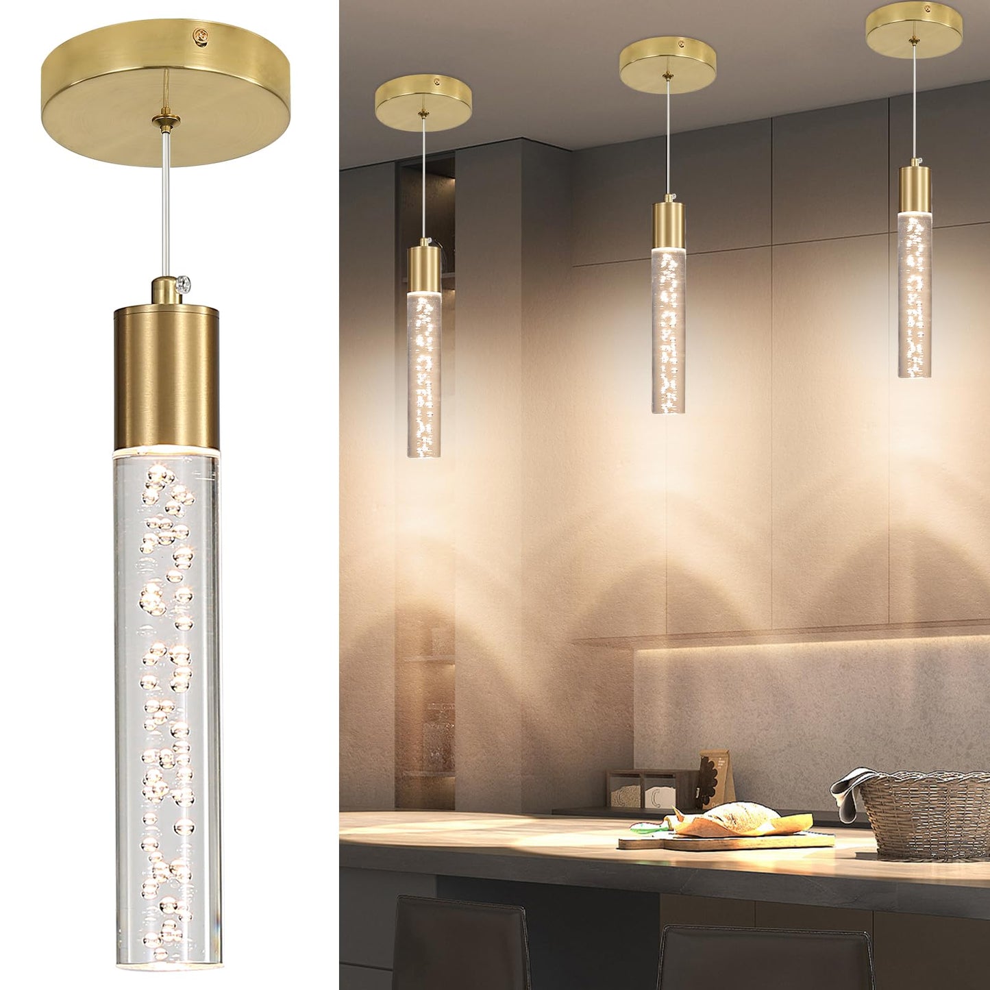 Daoseolo Modern Kitchen Island Hanging Light  Gold Led Pendant Lights Fixture  Bubble Acrylic  3 Color Temperatures  Mini Ceiling Chandelier Lighting For Dining Room  Bedroom  Foyer Entrance  Cafe