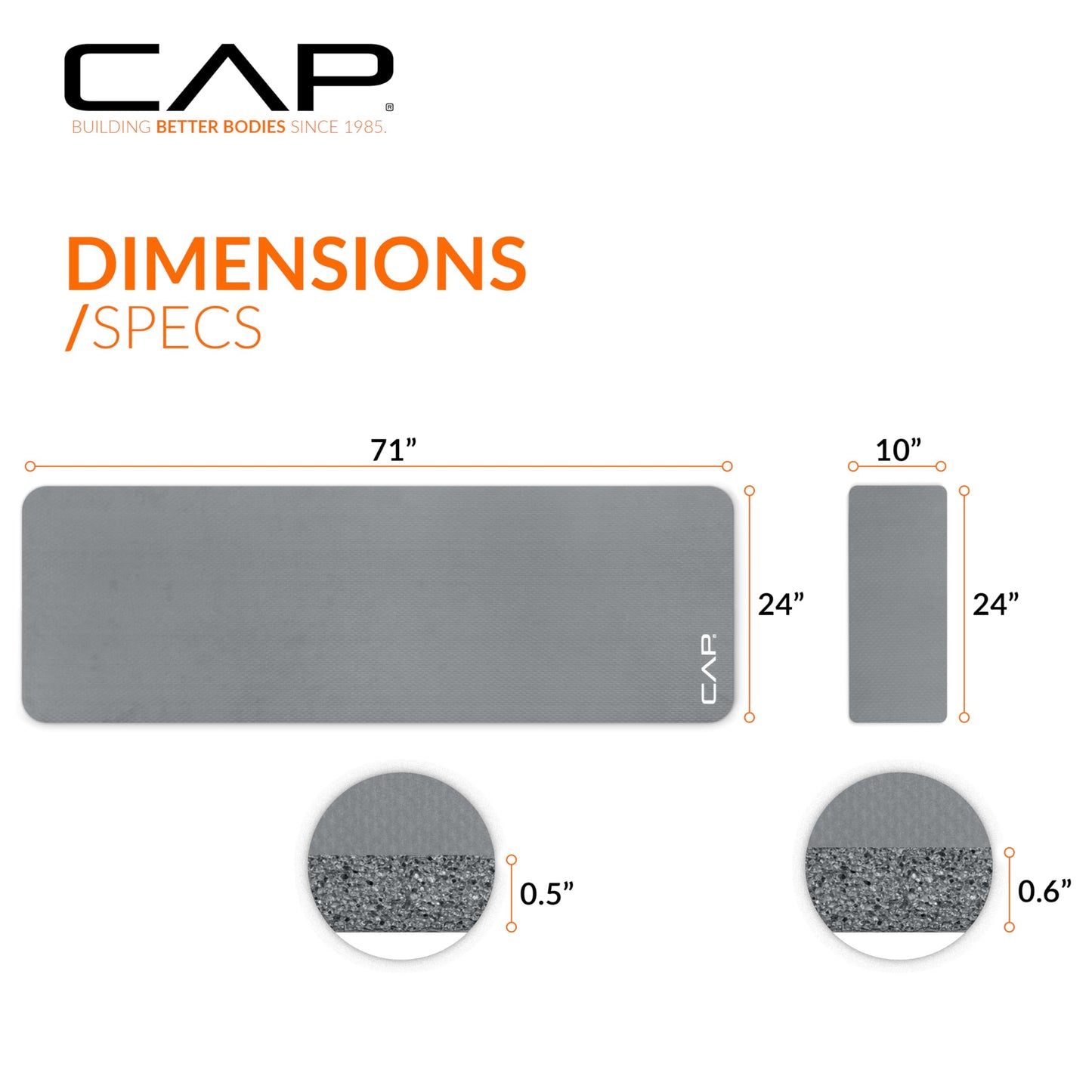 CAP Barbell Yoga Mat 1/2" Thick with Carrying Strap & Knee Pad - High Density Exercise Mat for Yoga, Pilates, Stretching, Floor & Fitness Workouts - 71''x24''x1/2" | Gray