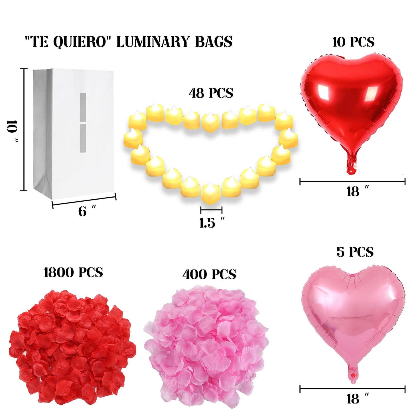 Te Quiero Lighted Letters Sign 17Pcs Luminary Paper Bags 2200Pcs Red Pink Artificial Rose Petals 48Pcs Flameless Led Candle Tealight 15Pcs Heart Balloons Romantic Night ValentineS Day