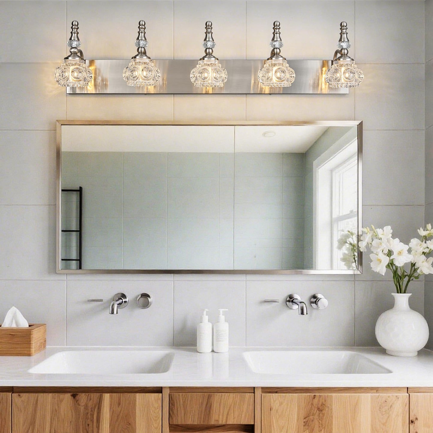 Lbsqj Modern Glass Crystal Vanity Light - Vintage Bathroom Lighting Fixtures Over Mirror  5 Light Vanity Lights G9 Bulb (35.43 Inch  Nickel)