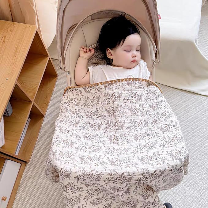 Baby Swaddel Blanket Cotton Muslin Thick Bath Towel Dotted Backing Double Layer Receiving Blanket 40"x40" (Leaves)
