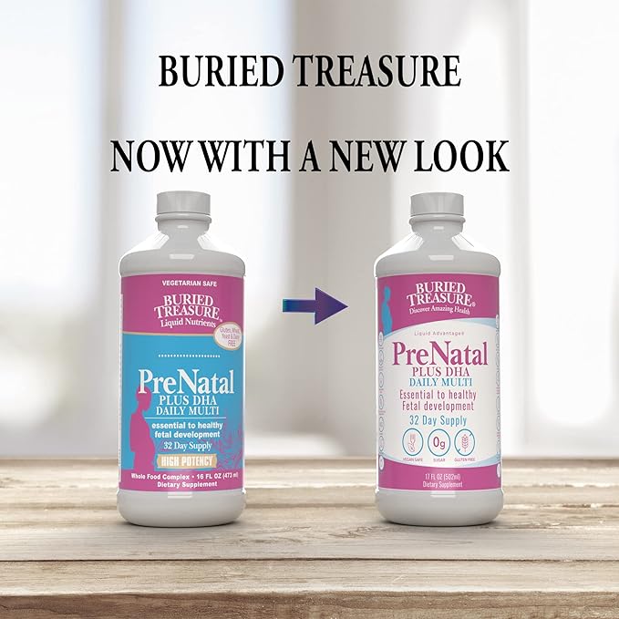 Buried Treasure Prenatal Plus DHA Complete, 16 oz Orange Banana Flavor, High Potency Liquid Formula Supplement for Before, During, Post Pregnancy, Natural DHA Omega3 Iron Vegetarian Safe w/Dose Cup