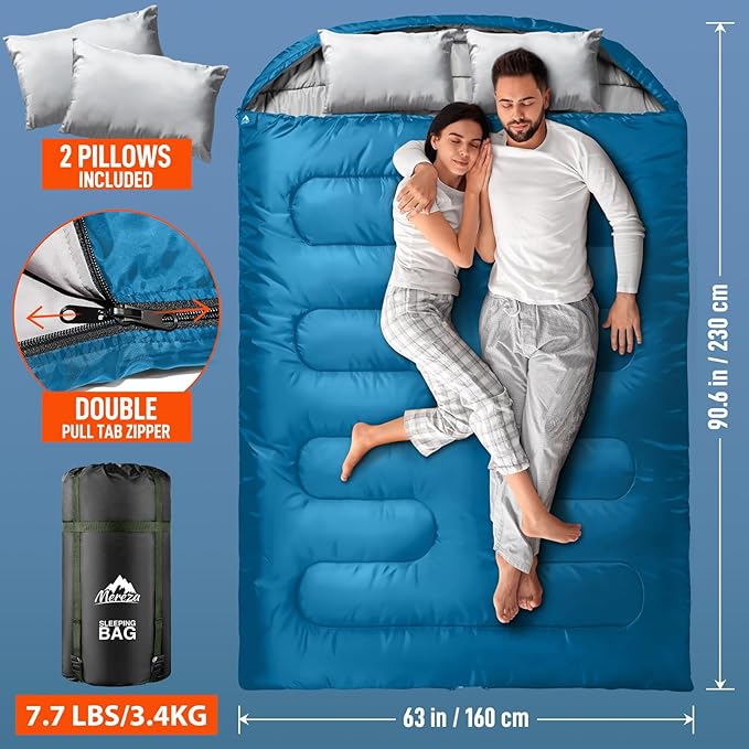 MEREZA Double Sleeping Bag for Adults Mens with Pillow, XL Queen Size Two Person Sleeping Bag for All Season Camping Hiking Backpacking 2 Person Sleeping Bags for Cold Weather & Warm