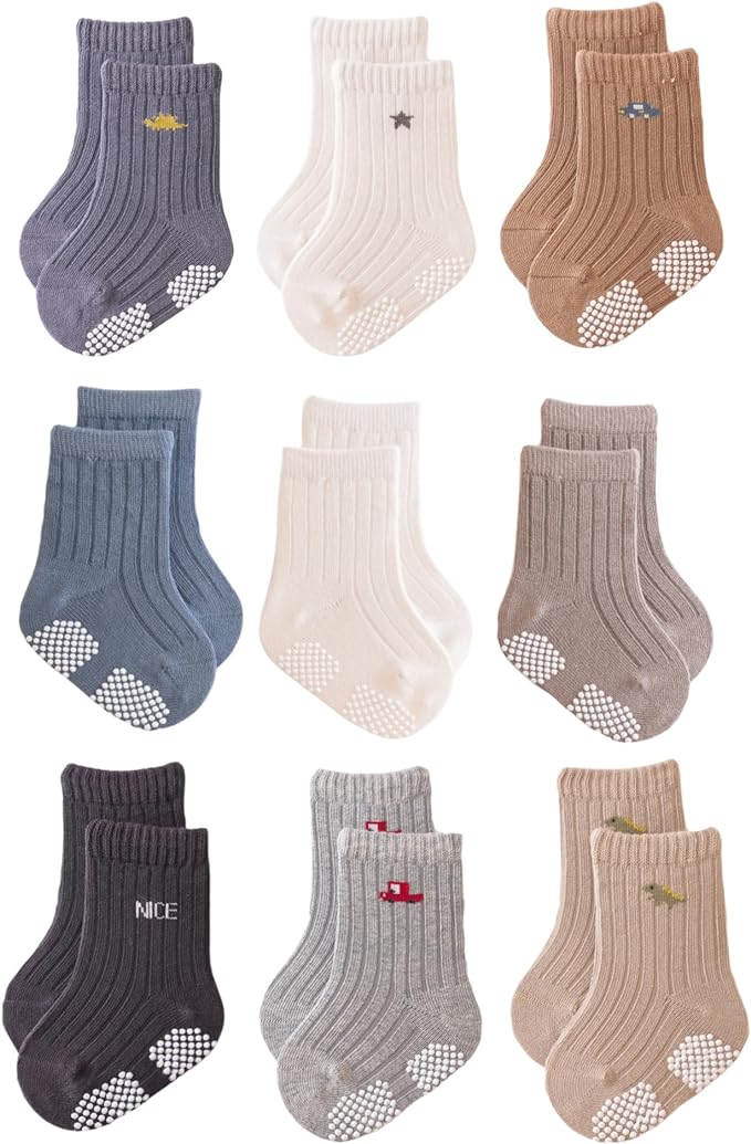 Baby Crew Socks,Grips Combed Cotton Socks Toddler Non-Skid for Girls,Boys Non Slip/Anti Skid 9-Pack