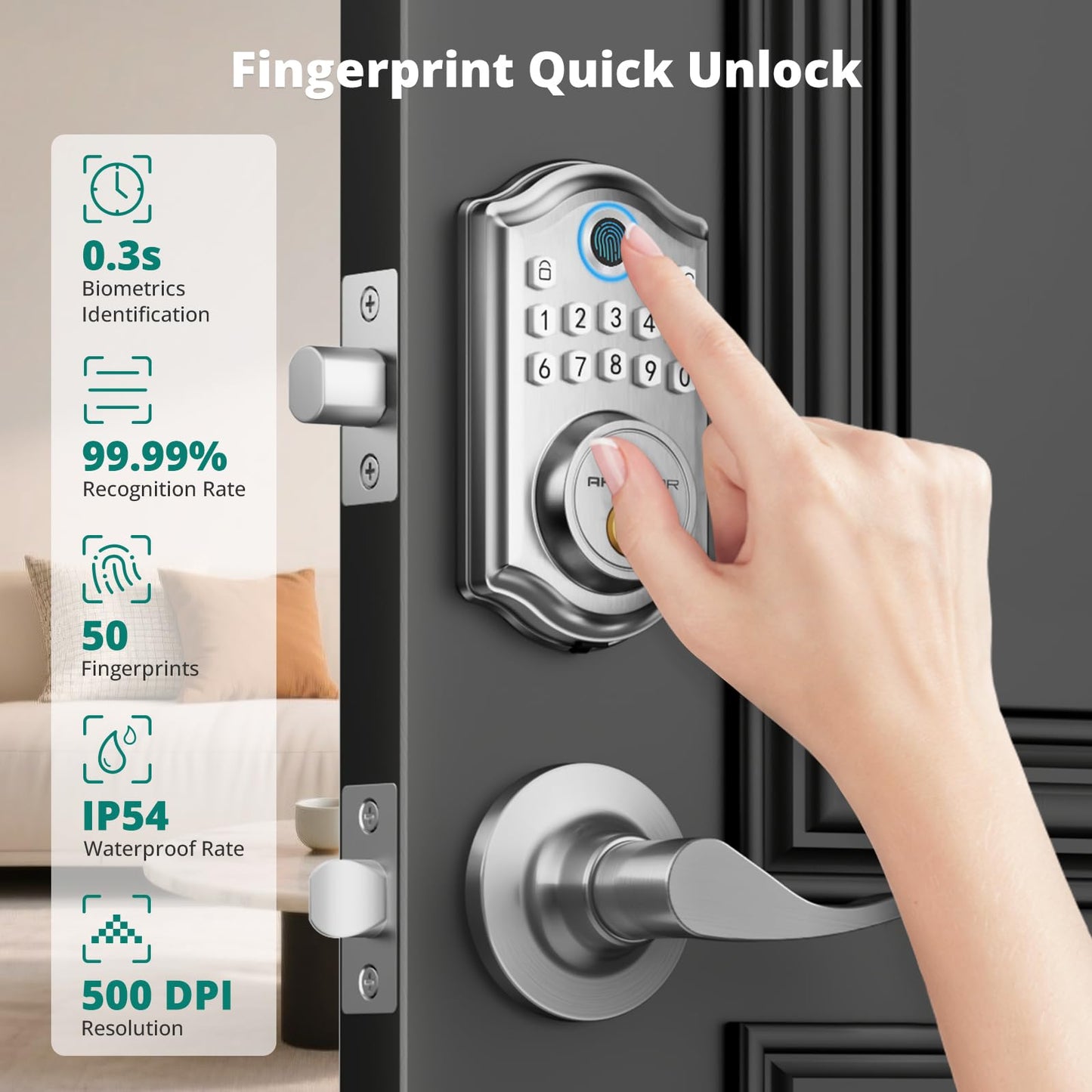 AkaGear DS10 Pro Keyless Entry Door Lock with Handle - 2 Lever Handles, Bluetooth APP Control, Fingerprint Door Locks, Electronic Keypad Deadbolt Lock, Smart Doors Lock, Auto-Lock, Satin Nickel
