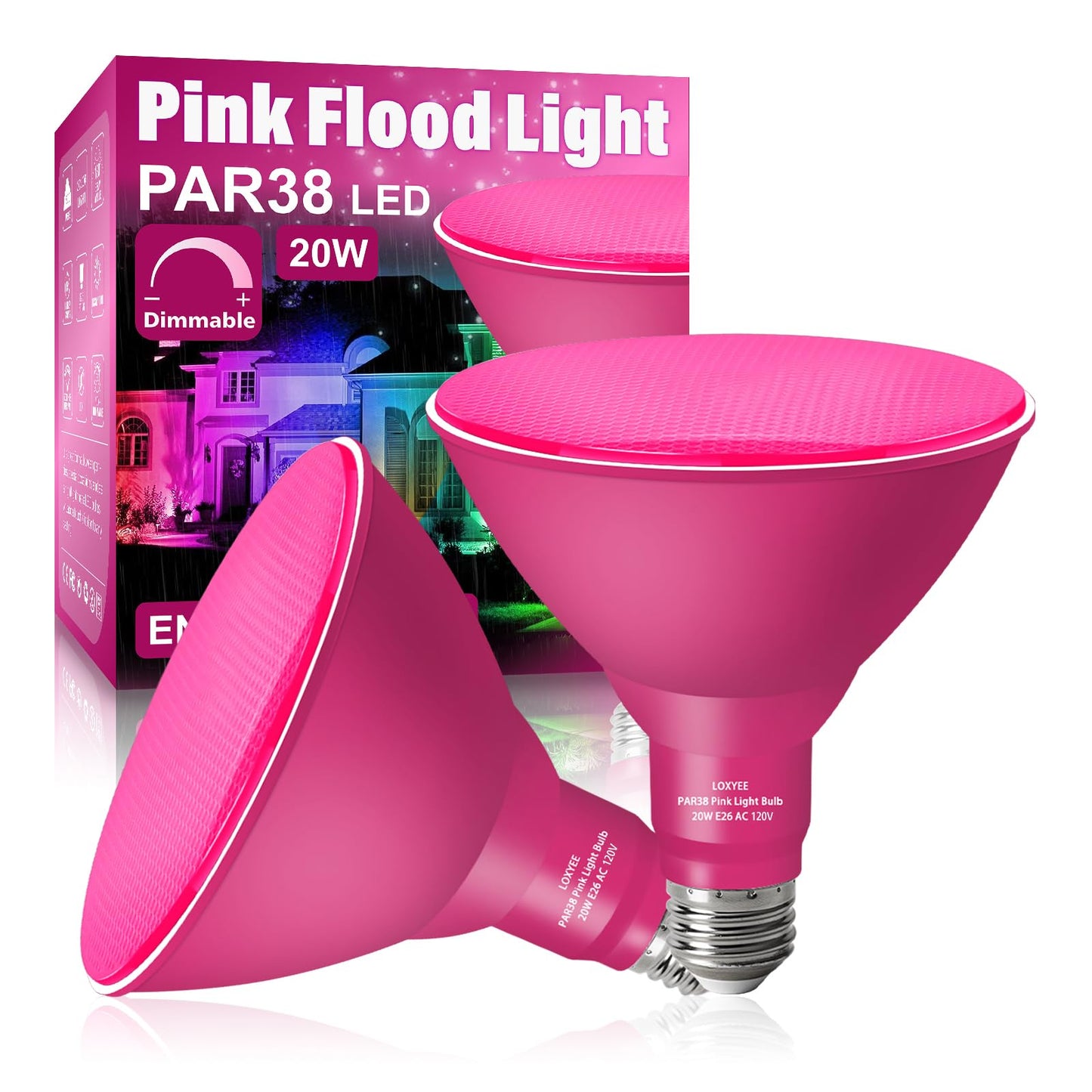 Loxyee Par38 Led Flood Light Bulbs, 20W Replace 200W, Pink, E26 Base, 2 Pack For Halloween & Party Decor